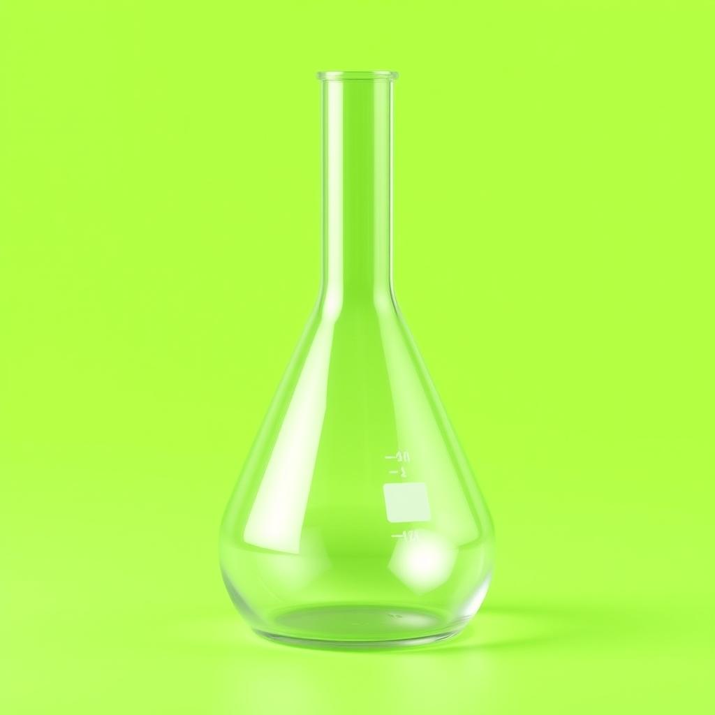 A transparent, two-dimensional laboratory flask presented against a vivid green background