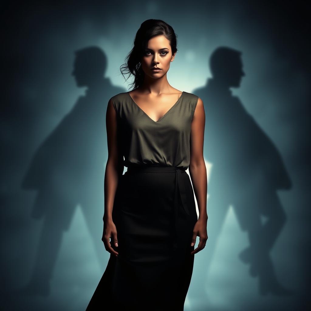 A solitary woman standing confidently in between two dark shadows of men, with a mysterious and dramatic atmosphere