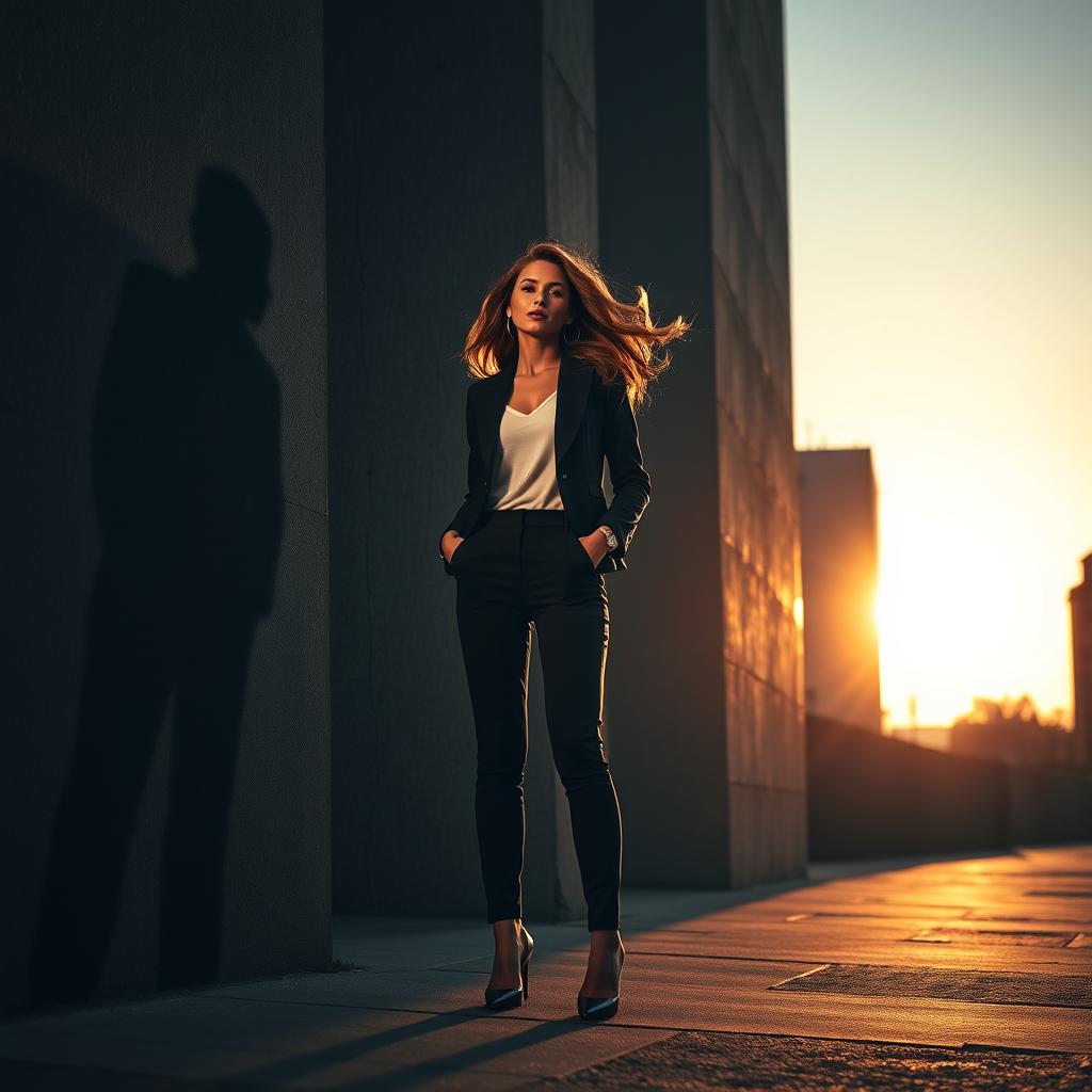 A striking scene featuring a woman standing confidently between two elongated shadows of men on a textured urban wall