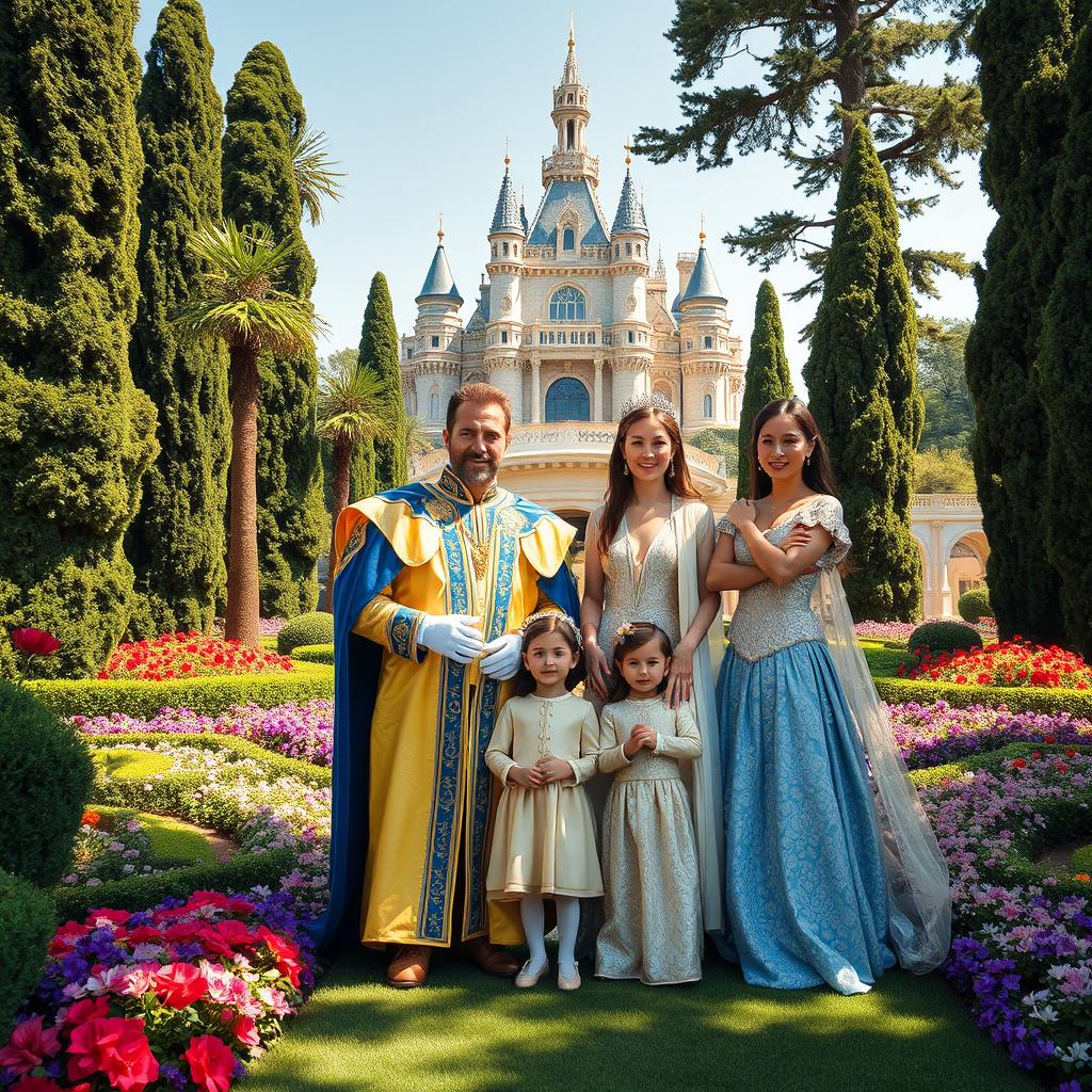 A majestic scene featuring a royal family standing gracefully in a beautifully manicured garden