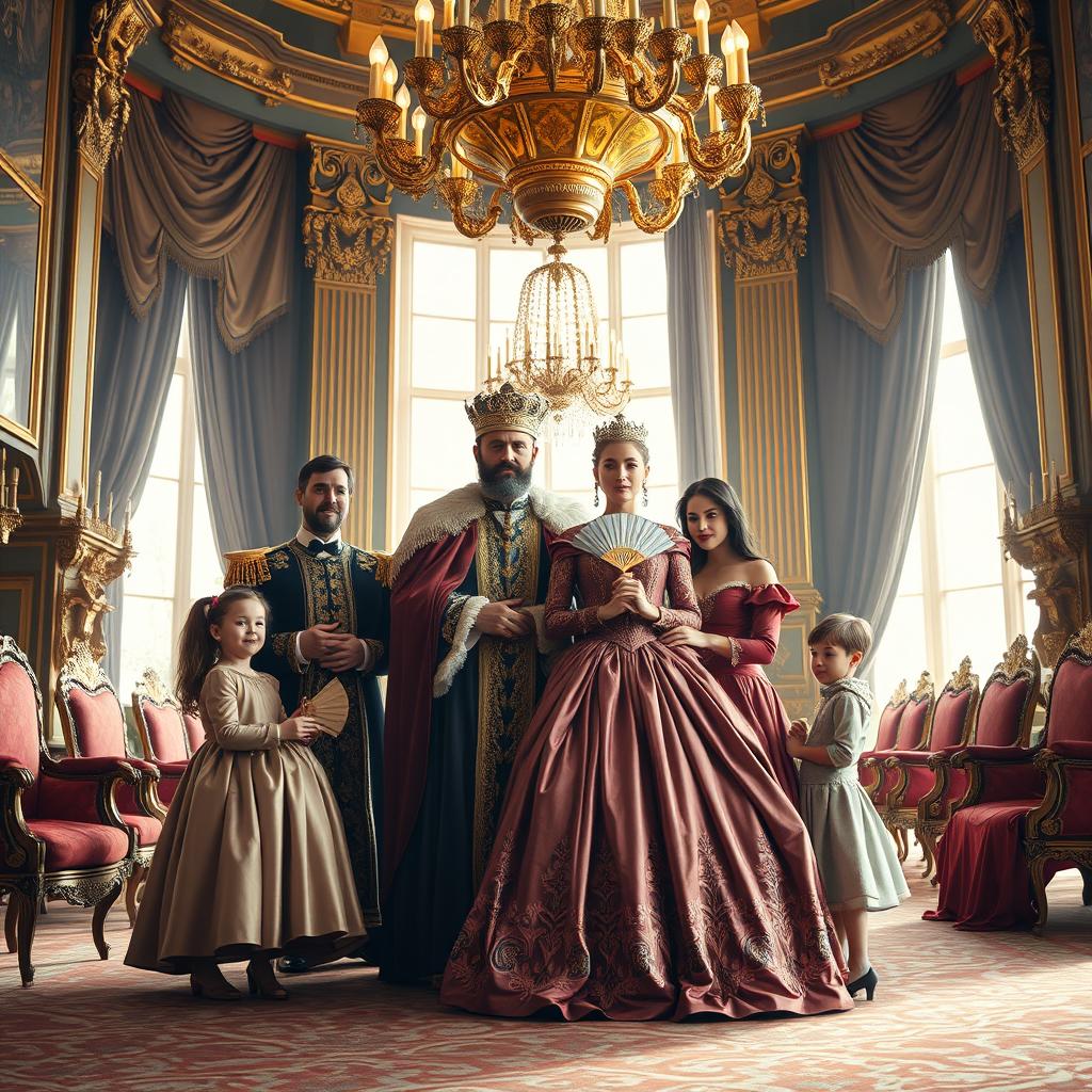 A grand portrayal of a royal family gathered in an opulent palace interior