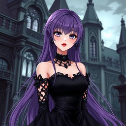 A beautiful gothic anime girl with long, flowing purple hair, elegantly dressed in a stunning gothic black dress adorned with intricate black sleeves and chains