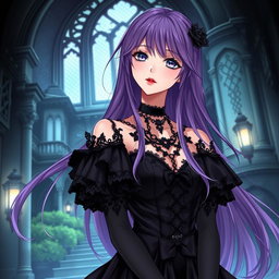 A beautiful gothic anime girl with long, flowing purple hair, elegantly dressed in a stunning gothic black dress adorned with intricate black sleeves and chains