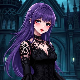 A beautiful gothic anime girl with long, flowing purple hair, elegantly dressed in a stunning gothic black dress adorned with intricate black sleeves and chains