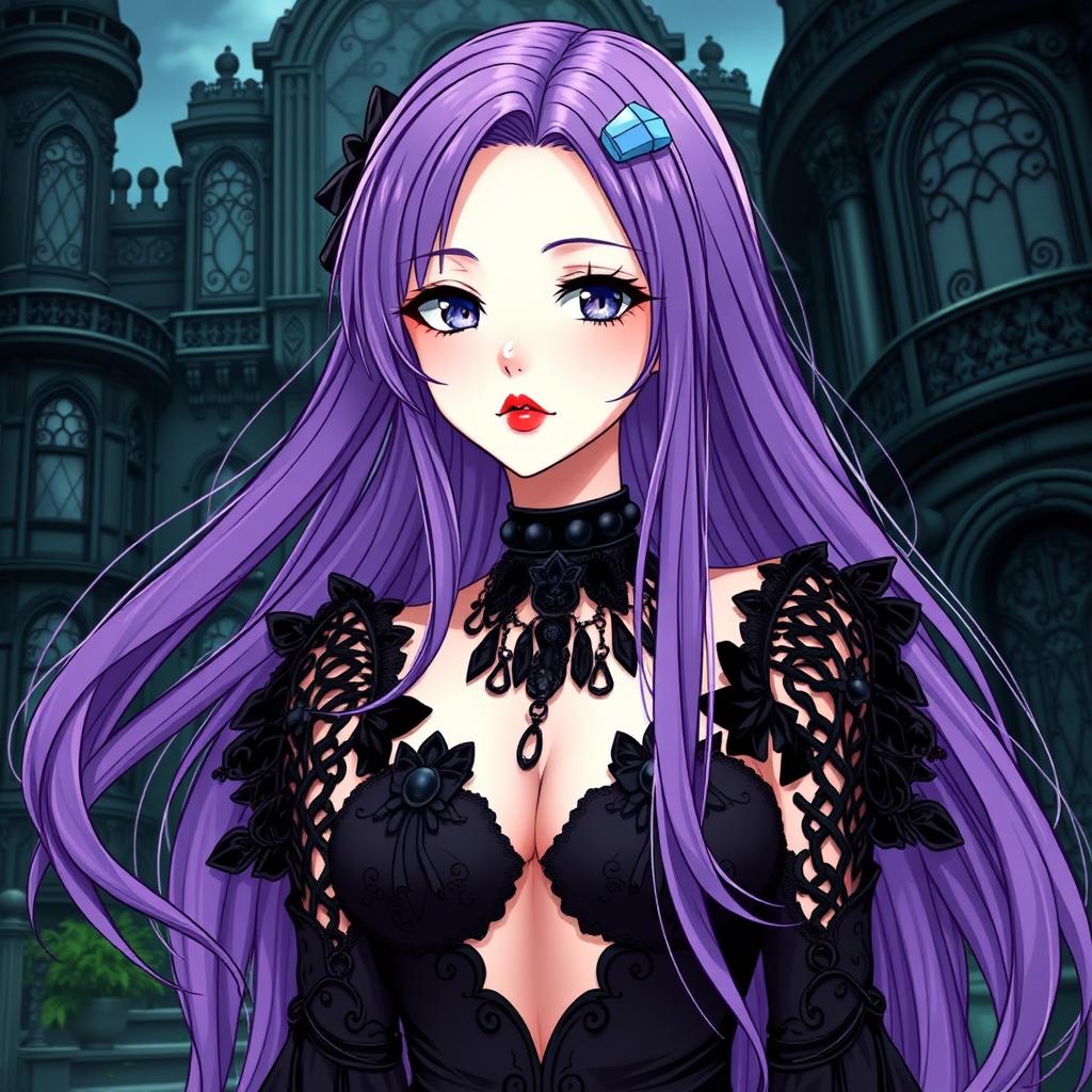A beautiful gothic anime girl with long, flowing purple hair, elegantly dressed in a stunning gothic black dress adorned with intricate black sleeves and chains