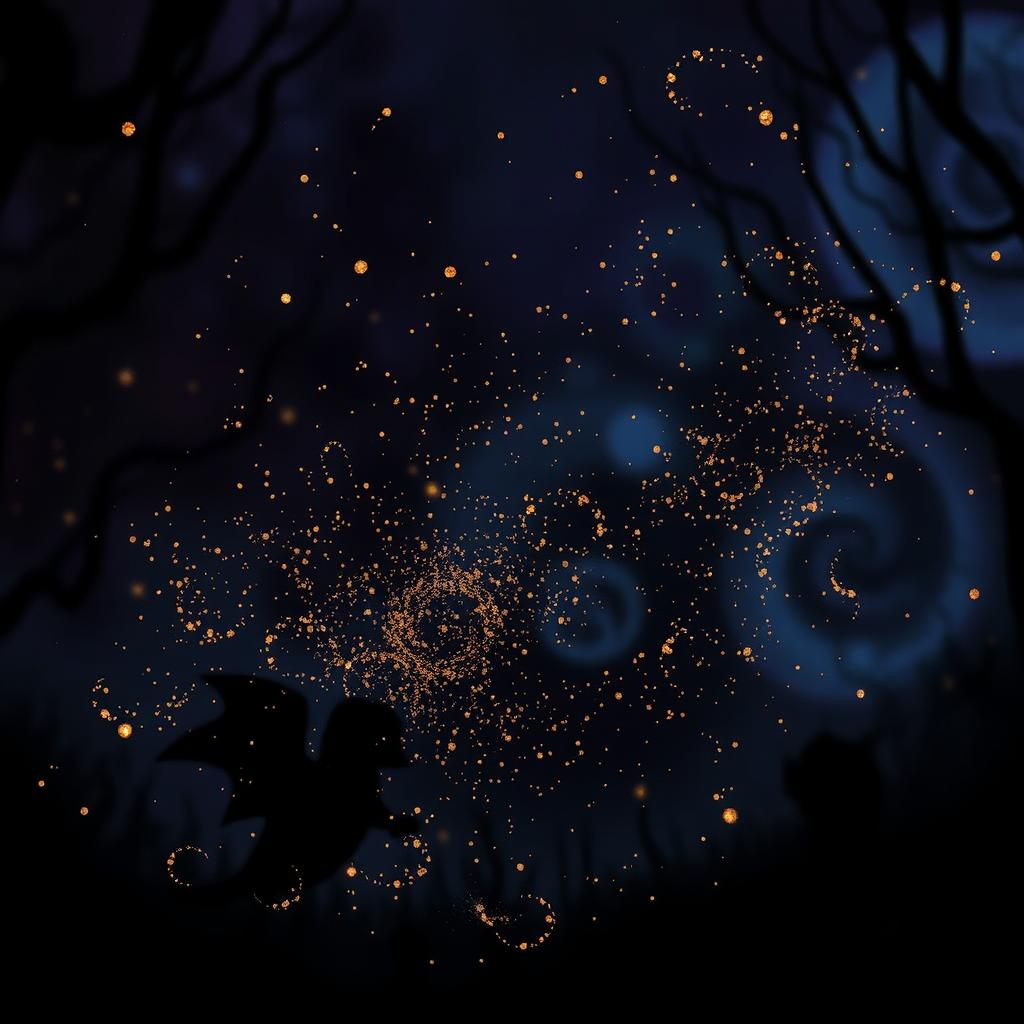 A whimsical scene infused with mystical dark elements, where glitter and golden dust float enchantingly in the air