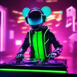 A futuristic DJ figure in a sleek, neon-illuminated suit with a helmet that's reminiscent of but not exactly like Deadmau5's signature mouse head, behind a DJ booth filled with high-tech equipment.