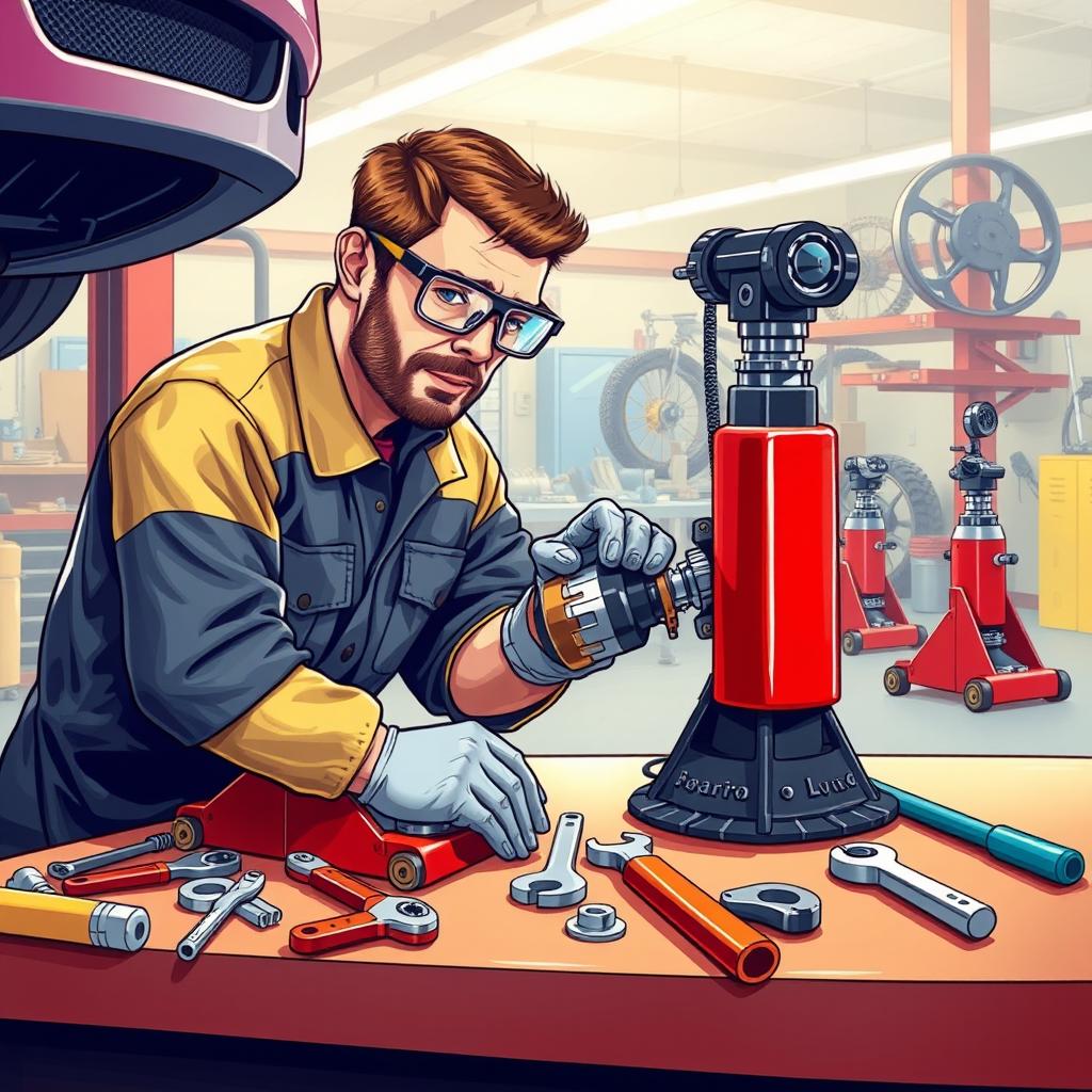 A detailed illustration of a professional technician repairing a parking jack, with various tools like wrenches and screwdrivers spread out on a workbench