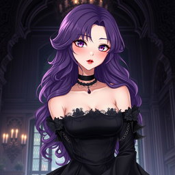 A striking gothic anime girl with long, wavy purple hair, elegantly dressed in a beautiful gothic black dress that features elaborate black sleeves and chains