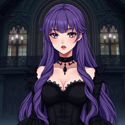 A striking gothic anime girl with long, wavy purple hair, elegantly dressed in a beautiful gothic black dress that features elaborate black sleeves and chains