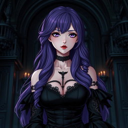 A striking gothic anime girl with long, wavy purple hair, elegantly dressed in a beautiful gothic black dress that features elaborate black sleeves and chains