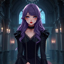 A striking gothic anime girl with long, wavy purple hair, elegantly dressed in a beautiful gothic black dress that features elaborate black sleeves and chains