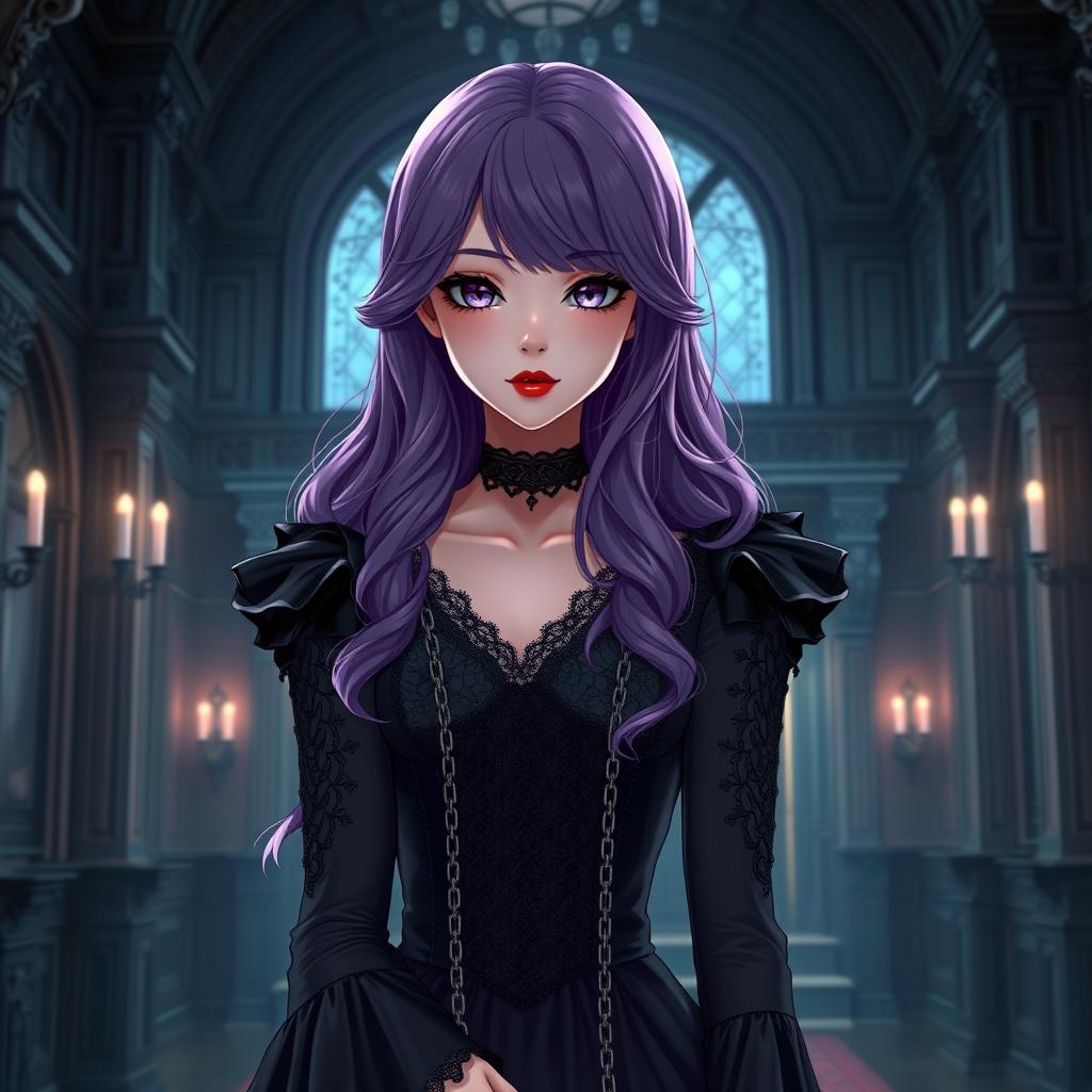 A striking gothic anime girl with long, wavy purple hair, elegantly dressed in a beautiful gothic black dress that features elaborate black sleeves and chains