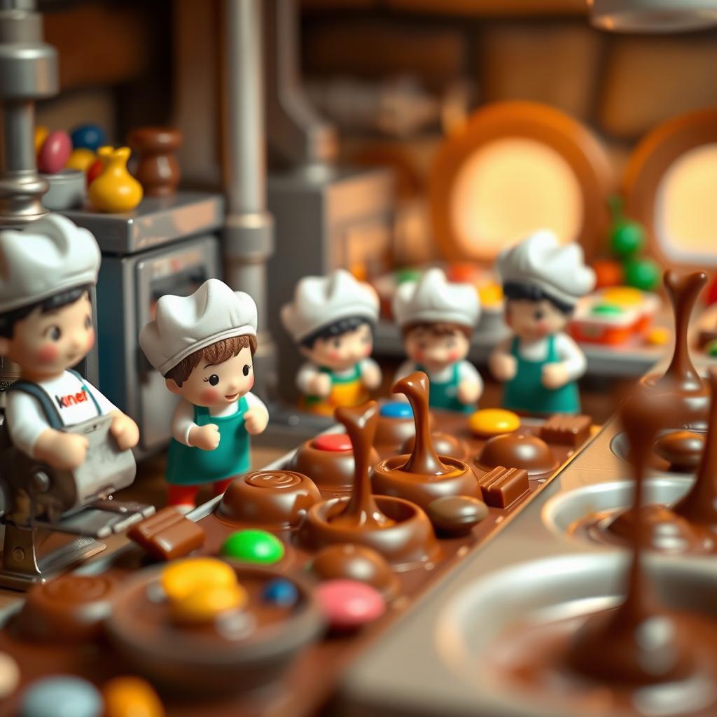 Miniature characters busy making Kinder chocolates in a whimsical chocolate factory setting