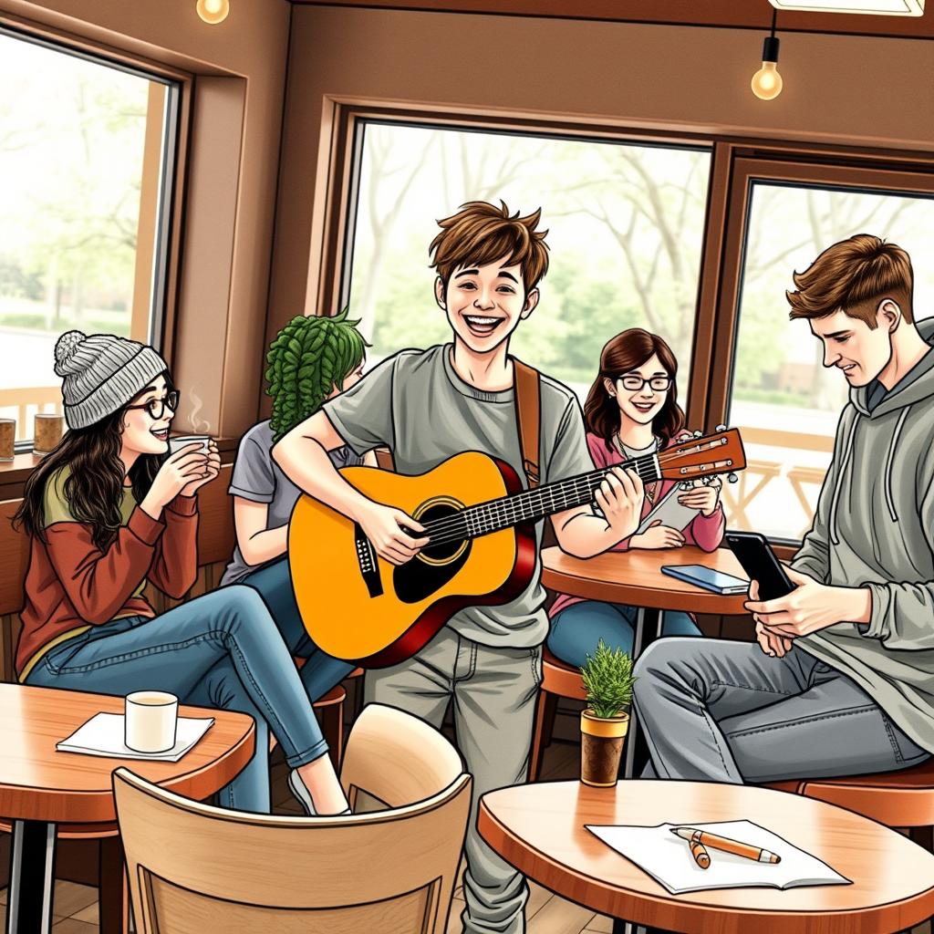 A cozy coffee shop scene featuring five friends enjoying their time together