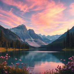 A stunning and vibrant phone wallpaper featuring a serene natural landscape, showcasing majestic mountains towering over a crystal-clear lake, surrounded by lush forests and blooming wildflowers