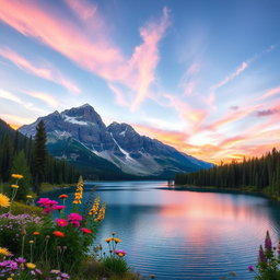 A stunning and vibrant phone wallpaper featuring a serene natural landscape, showcasing majestic mountains towering over a crystal-clear lake, surrounded by lush forests and blooming wildflowers