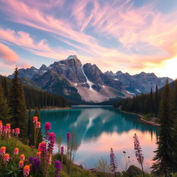 A stunning and vibrant phone wallpaper featuring a serene natural landscape, showcasing majestic mountains towering over a crystal-clear lake, surrounded by lush forests and blooming wildflowers