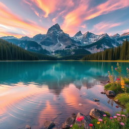 A stunning and vibrant phone wallpaper featuring a serene natural landscape, showcasing majestic mountains towering over a crystal-clear lake, surrounded by lush forests and blooming wildflowers