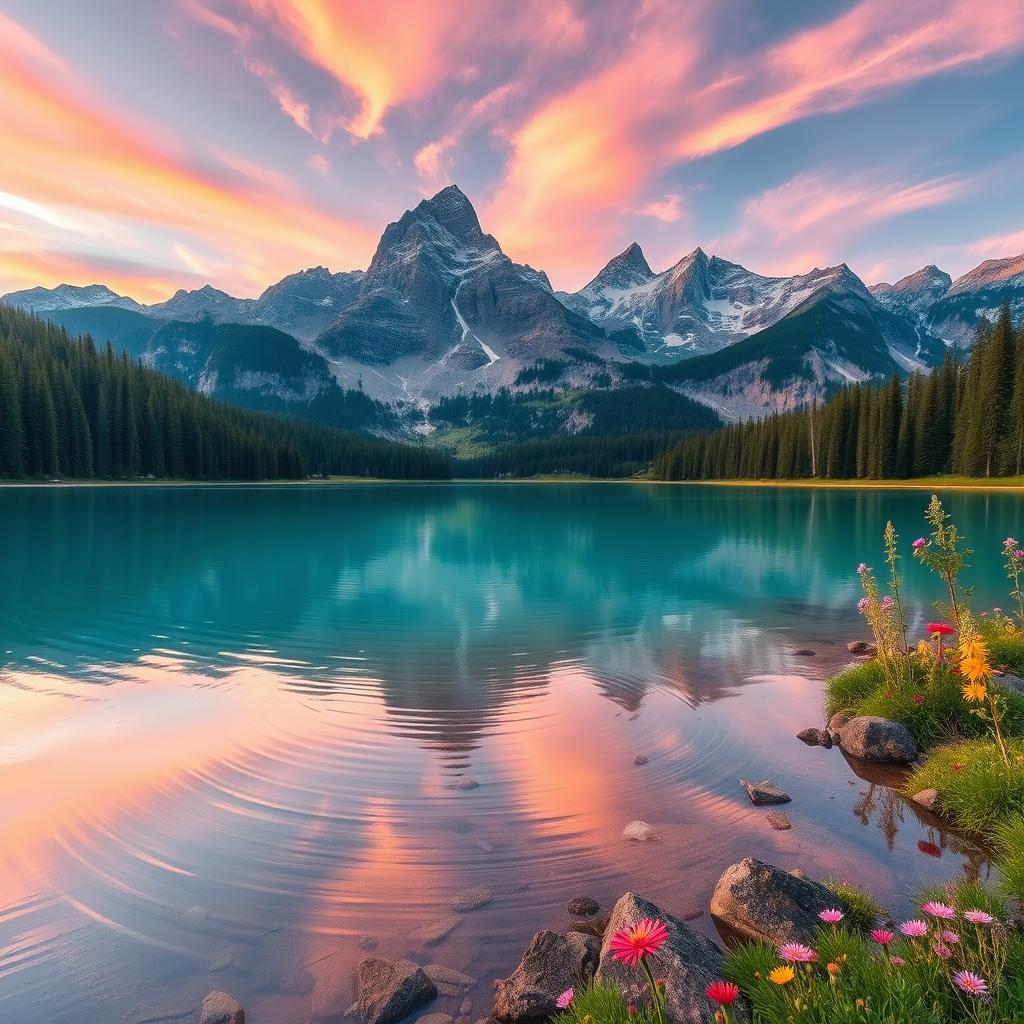 A stunning and vibrant phone wallpaper featuring a serene natural landscape, showcasing majestic mountains towering over a crystal-clear lake, surrounded by lush forests and blooming wildflowers