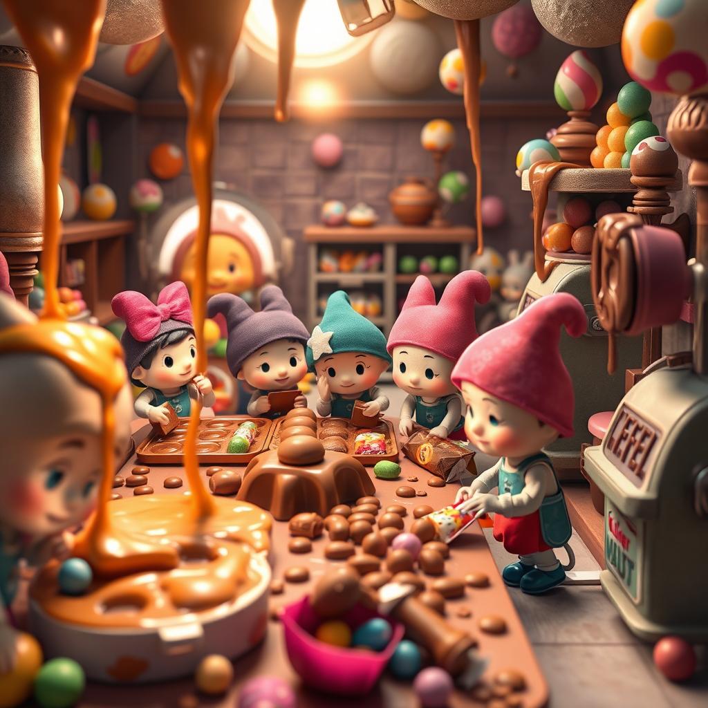 A vibrant, fantastical scene depicting miniature characters, each with unique designs, busily crafting delicious Kinder chocolates in a whimsical chocolate factory