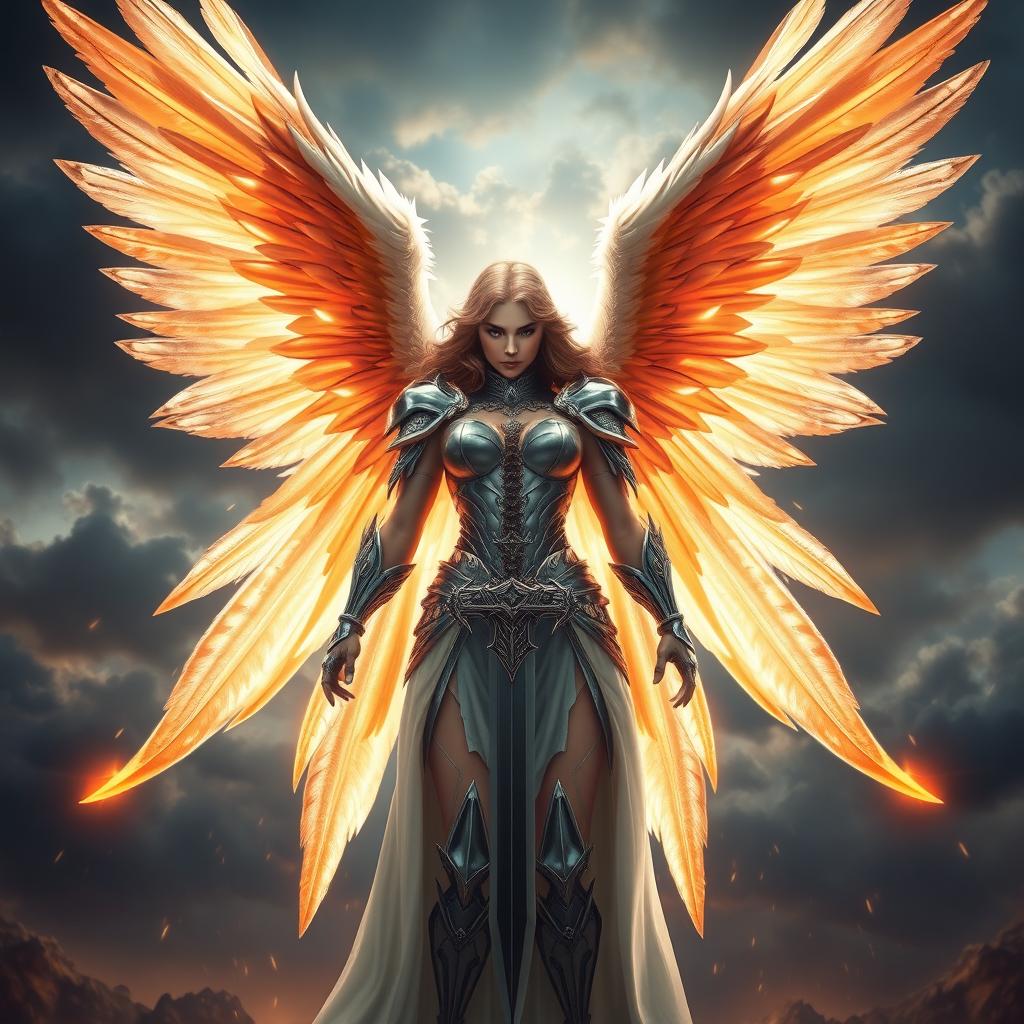 A majestic female angel with six open wings, radiating elegance and strength