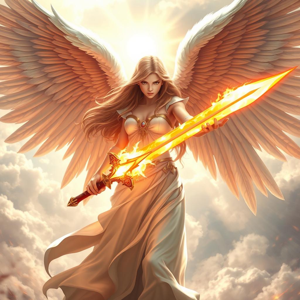 A female angel with six open wings, holding a fiery sword, poised and ready for battle