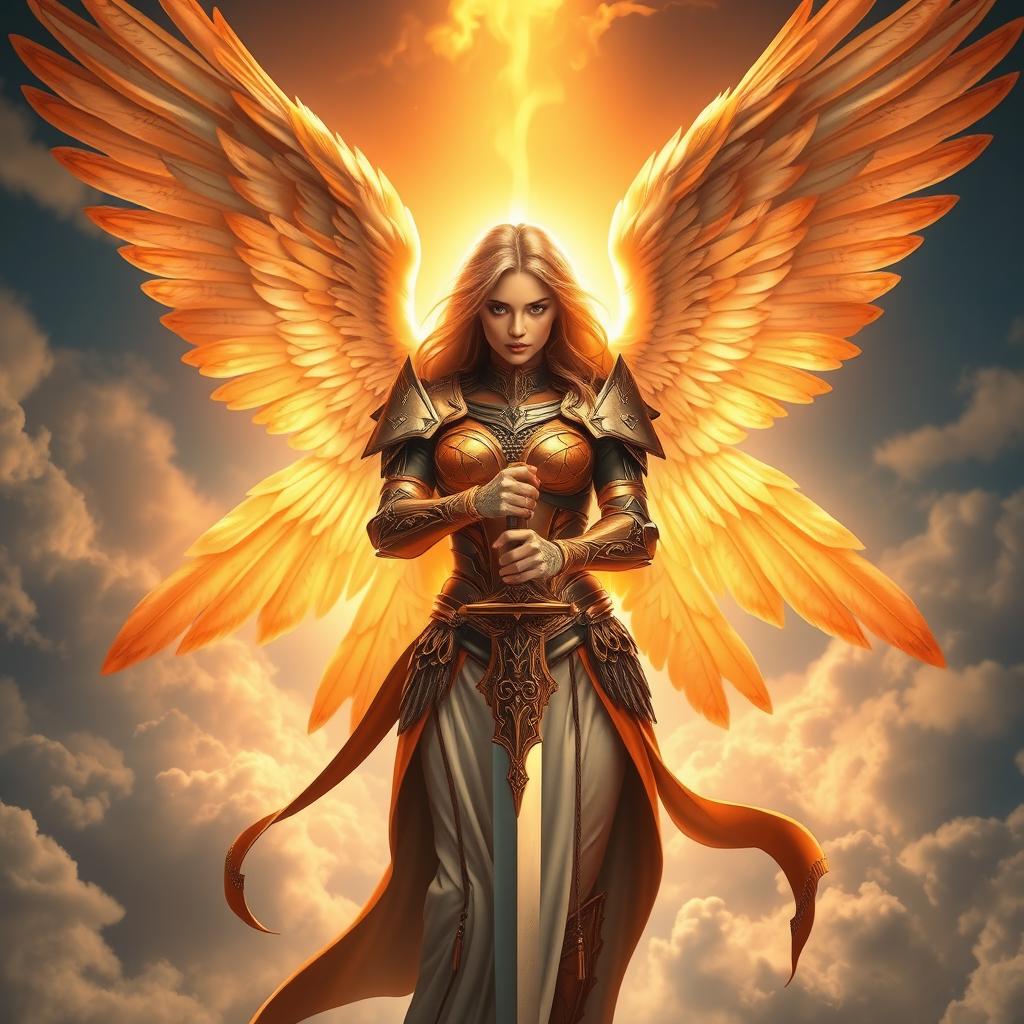 A beautiful female angel with six magnificent wings spread open wide, holding a blazing sword of fire, ready for battle