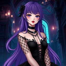 A captivating gothic anime girl with long, flowing purple hair, elegantly dressed in a stunning gothic black dress that features striking black fishnet sleeves and intricate chains