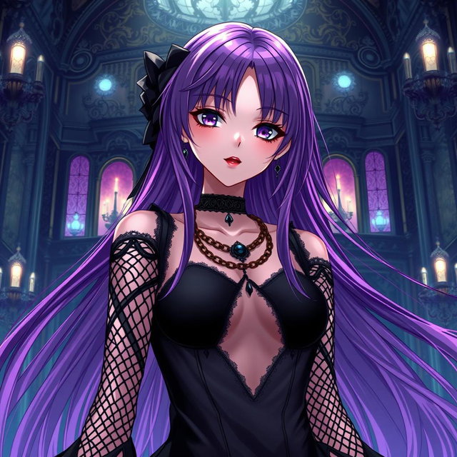 A captivating gothic anime girl with long, flowing purple hair, elegantly dressed in a stunning gothic black dress that features striking black fishnet sleeves and intricate chains
