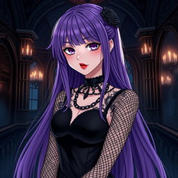 A captivating gothic anime girl with long, flowing purple hair, elegantly dressed in a stunning gothic black dress that features striking black fishnet sleeves and intricate chains