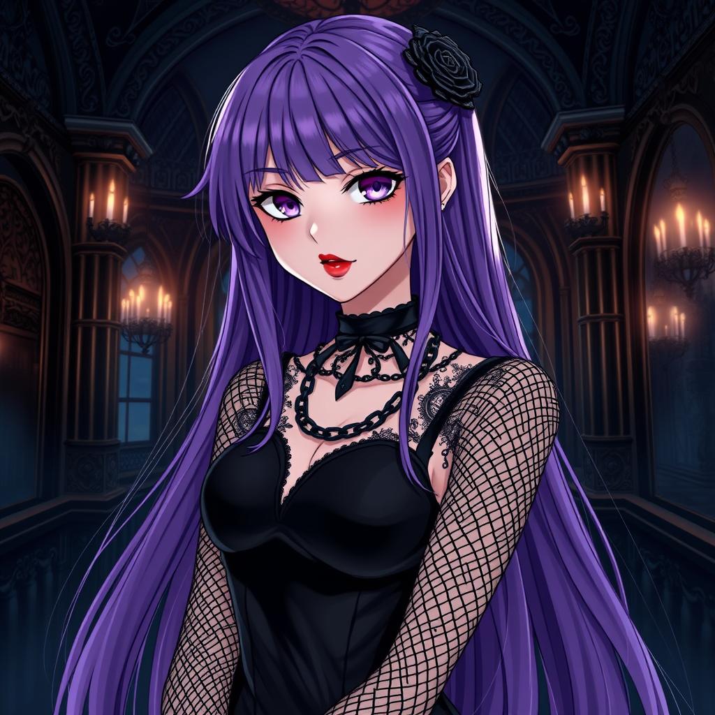 A captivating gothic anime girl with long, flowing purple hair, elegantly dressed in a stunning gothic black dress that features striking black fishnet sleeves and intricate chains