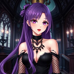 A captivating gothic anime girl with long, flowing purple hair, elegantly dressed in a stunning gothic black dress that features striking black fishnet sleeves and intricate chains