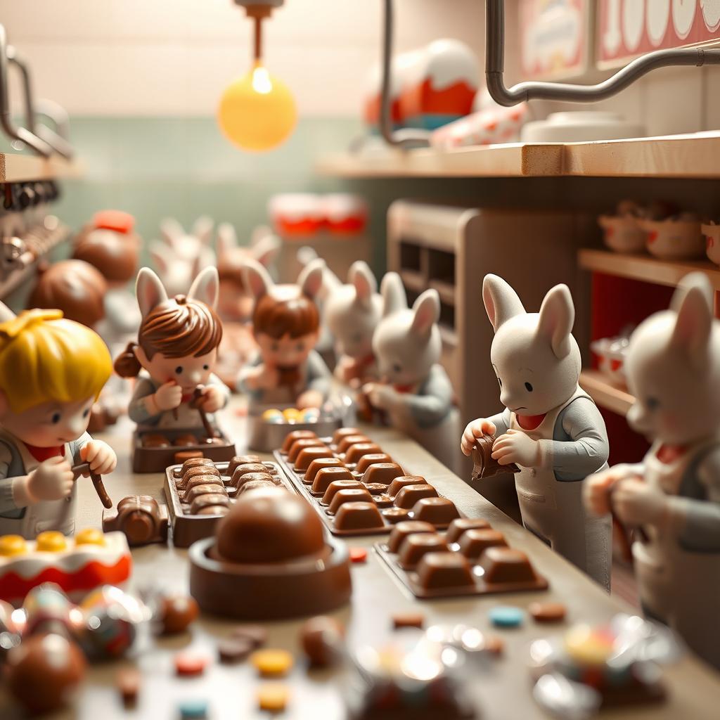A high-definition portrayal of miniature characters skillfully crafting delicious Kinder chocolates in a vividly detailed chocolate factory