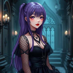 A stunning gothic anime girl with long, flowing purple hair, dressed in a beautiful gothic black dress that features intricate black fishnet sleeves