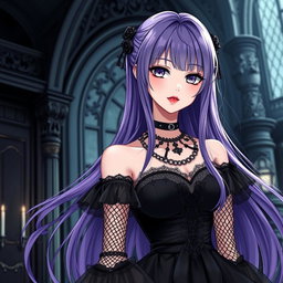 A stunning gothic anime girl with long, flowing purple hair, dressed in a beautiful gothic black dress that features intricate black fishnet sleeves