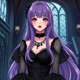 A stunning gothic anime girl with long, flowing purple hair, dressed in a beautiful gothic black dress that features intricate black fishnet sleeves