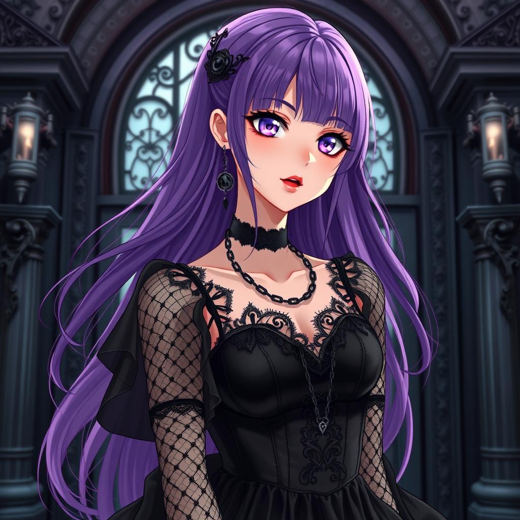 A stunning gothic anime girl with long, flowing purple hair, dressed in a beautiful gothic black dress that features intricate black fishnet sleeves