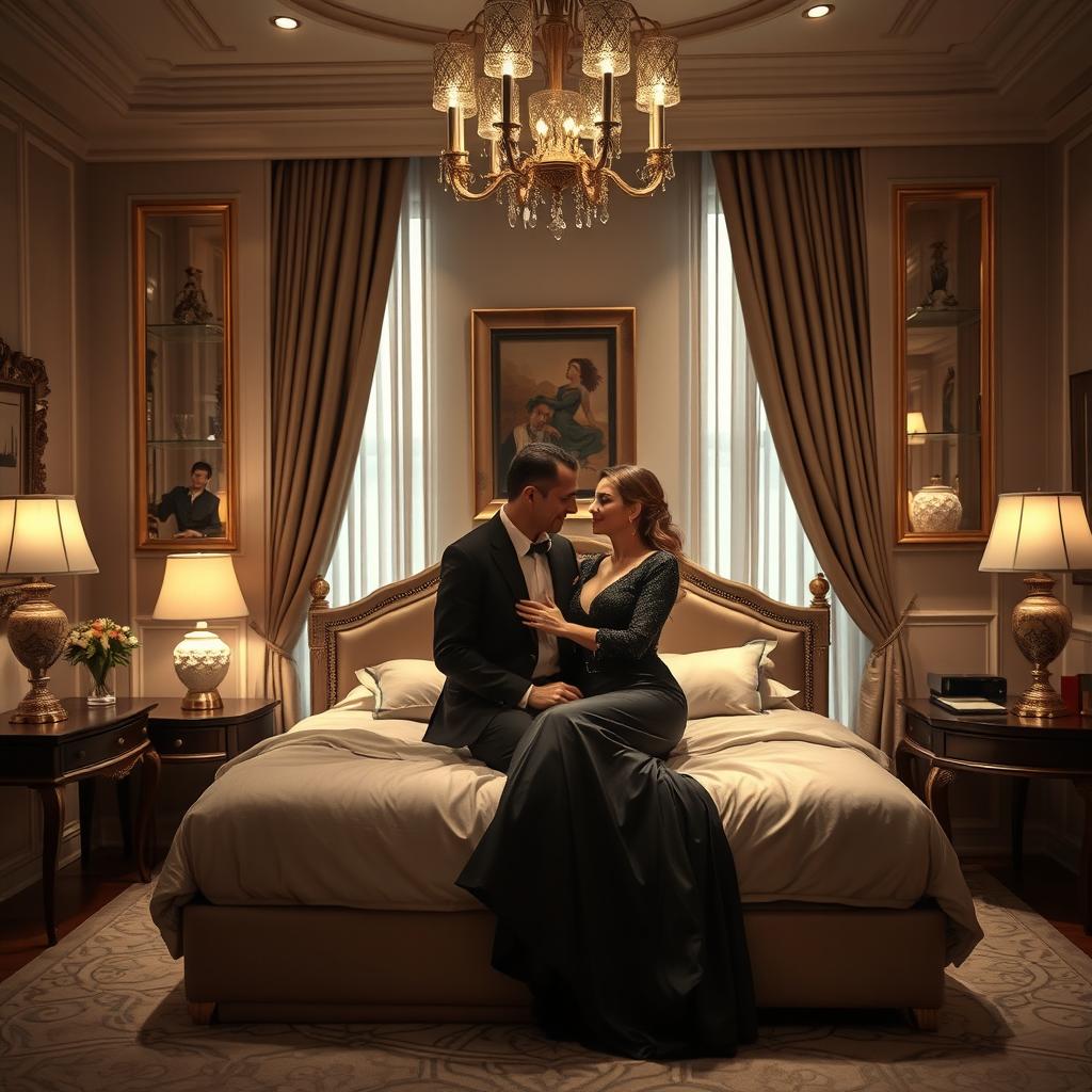 A luxurious, intimate bedroom scene featuring a stylish, elegant interior design