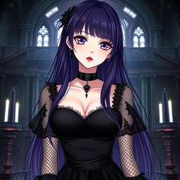 A mesmerizing gothic anime girl with long, dark purple hair, clad in a stunning gothic black dress that features delicate black fishnet sleeves adorned with black transparent fabric