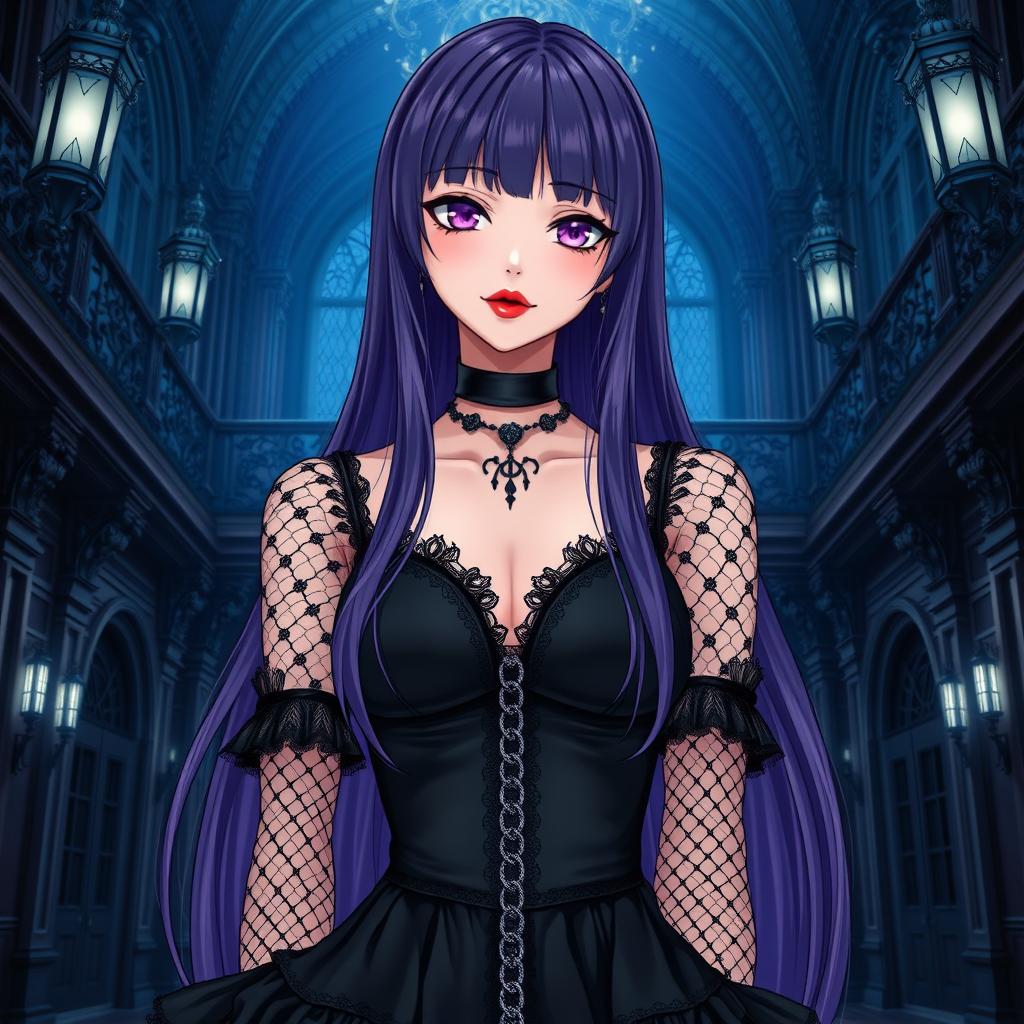 A mesmerizing gothic anime girl with long, dark purple hair, clad in a stunning gothic black dress that features delicate black fishnet sleeves adorned with black transparent fabric
