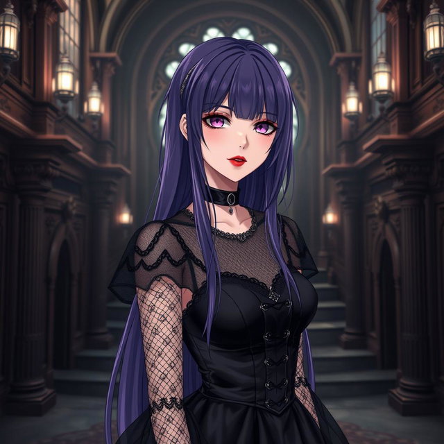 A mesmerizing gothic anime girl with long, dark purple hair, clad in a stunning gothic black dress that features delicate black fishnet sleeves adorned with black transparent fabric
