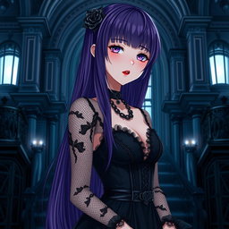 A mesmerizing gothic anime girl with long, dark purple hair, clad in a stunning gothic black dress that features delicate black fishnet sleeves adorned with black transparent fabric