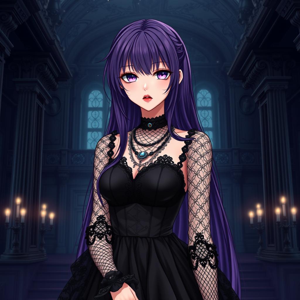 An enchanting gothic anime girl with long, dark purple hair, adorned in a beautiful gothic black dress that features intricate black fishnet sleeves, layered with elegant black transparent fabric