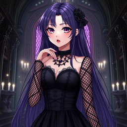 An enchanting gothic anime girl with long, dark purple hair, adorned in a beautiful gothic black dress that features intricate black fishnet sleeves, layered with elegant black transparent fabric