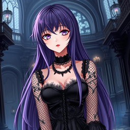 An enchanting gothic anime girl with long, dark purple hair, adorned in a beautiful gothic black dress that features intricate black fishnet sleeves, layered with elegant black transparent fabric