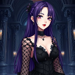 An enchanting gothic anime girl with long, dark purple hair, adorned in a beautiful gothic black dress that features intricate black fishnet sleeves, layered with elegant black transparent fabric