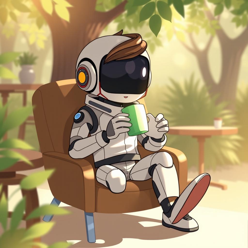An imaginative illustration of a character based on the concept of Google, depicted as a friendly humanoid figure sitting comfortably while sipping mate, a traditional South American drink