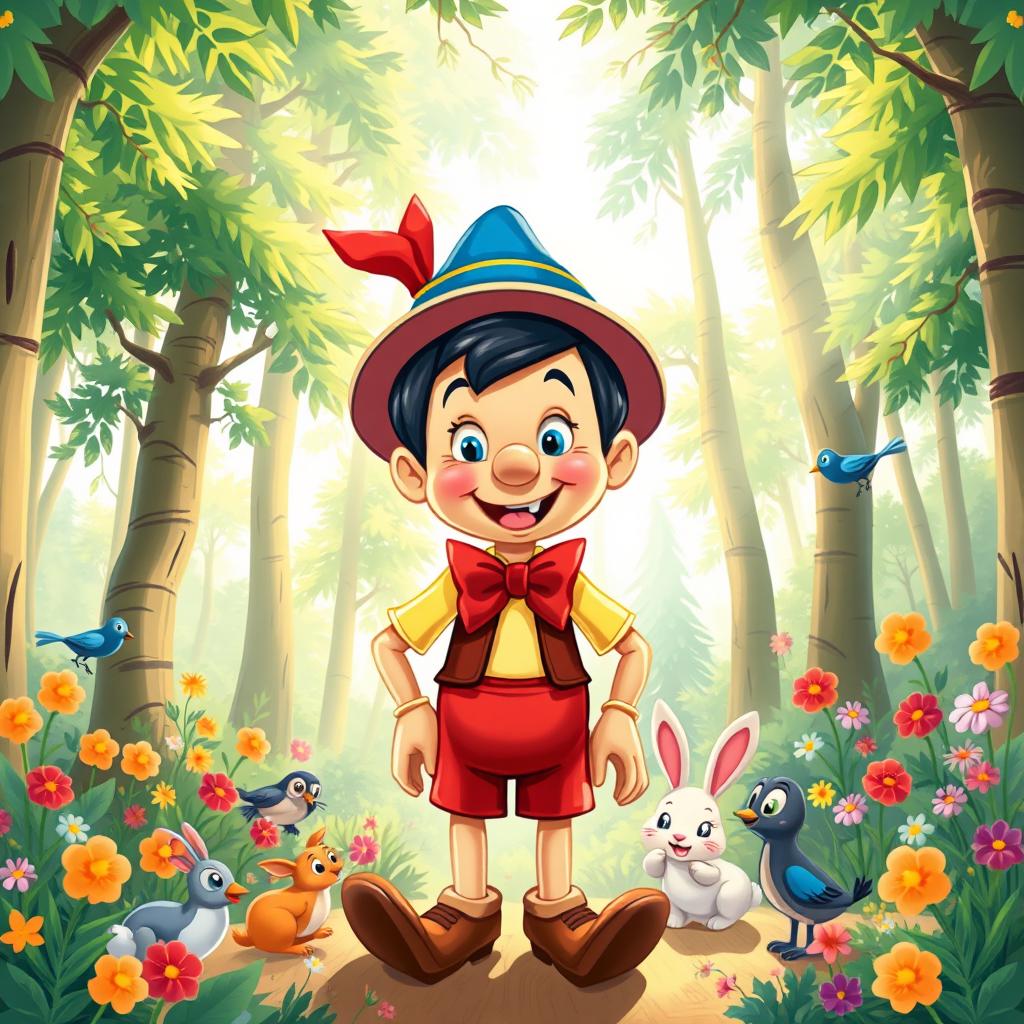 A whimsical illustration of Pinocchio, the wooden puppet, with a playful expression