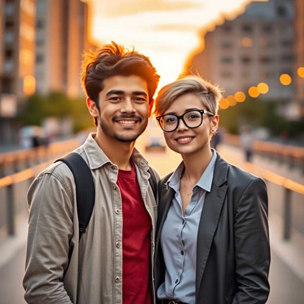 Two people standing closely together, centered in the frame, with a warm background that enhances the intimate atmosphere